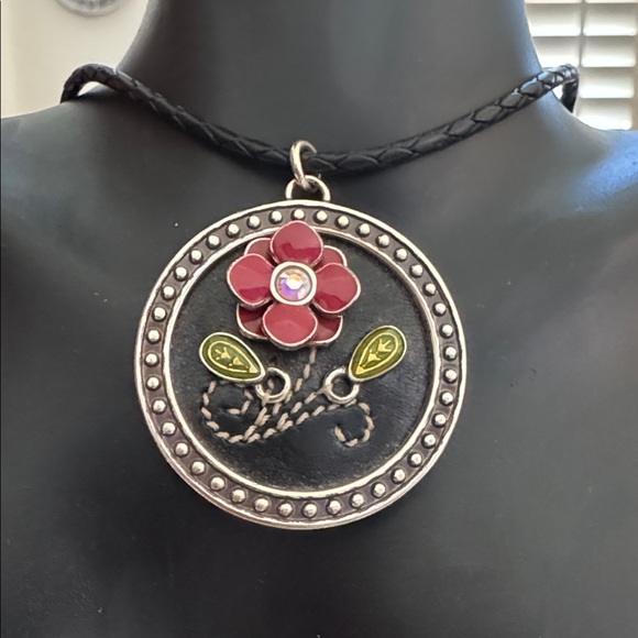 Brighton Jewelry - Brighton Opening Night At The Opera Black Leather Cord Red Flower Necklace.